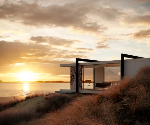 Design poolhouse bij ondergaande zon